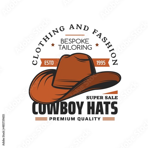 Cowboy hat hatter or milliner vector icon of hat tailor atelier or millinery shop. Brown leather hat or cap of Western cowboy, Texas rodeo rider, Wild West sheriff or rancher isolated emblem design