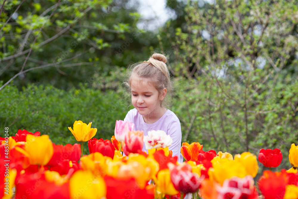A beautiful pretty girl sits near a flower bed of tulips.