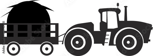 A tractor with a cart carrying a haystack.