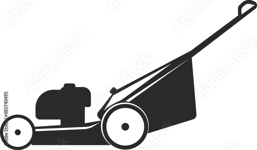 Gasoline lawn mower for grass. Agricultural tools. Isolated image. photo