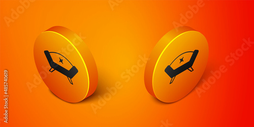 Isometric Sofa icon isolated on orange background. Orange circle button. Vector