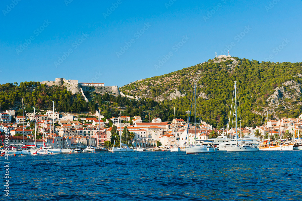 Hvar Town, seen from the Mediterranean Sea, Hvar Island, Dalmatian Coast, Croatia