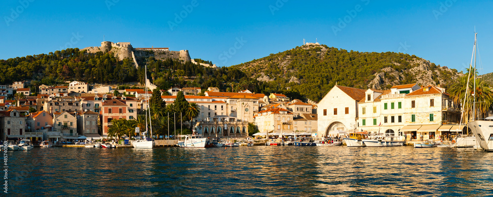 Panoramic photo of Hvar Town, seen from the Mediterranean Sea, Hvar Island, Dalmatian Coast, Croatia
