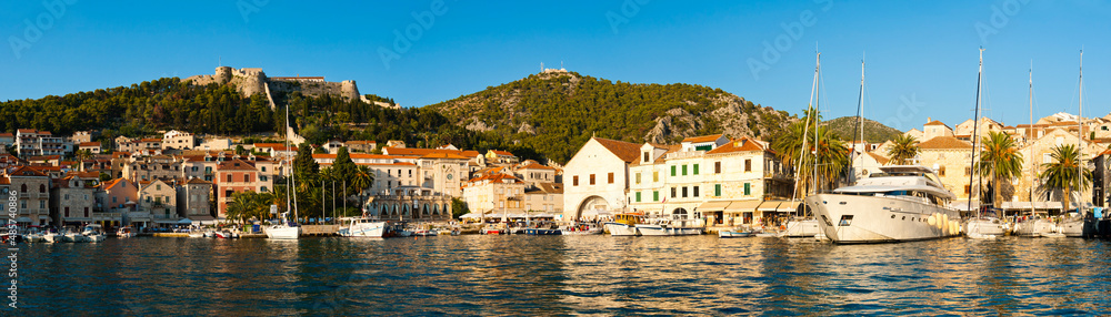 Hvar Town panorama, seen from the Mediterranean Sea, Hvar Island, Dalmatian Coast, Croatia