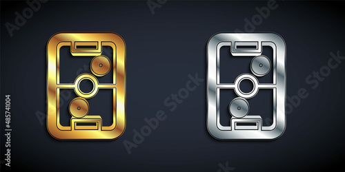 Gold and silver Air hockey table icon isolated on black background. Long shadow style. Vector