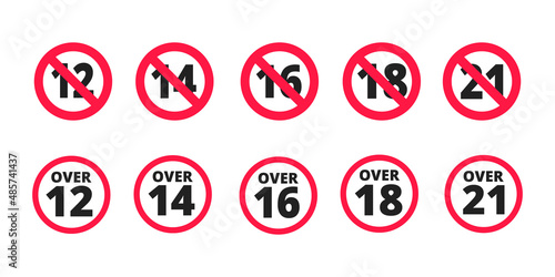 Adults content only age restriction 12, 14, 16, 18, 21 plus years old icon signs set flat style design vector illustration. Sensitive content age plus and adults only concept symbols.