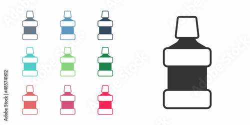Black Mouthwash plastic bottle icon isolated on white background. Liquid for rinsing mouth. Oralcare equipment. Set icons colorful. Vector