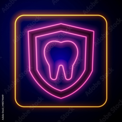 Glowing neon Dental protection icon isolated on black background. Tooth on shield logo. Vector