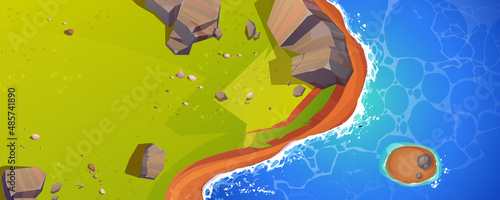 Top view of sea coast, ocean beach with rocks and cliffs. Vector cartoon illustration of aerial view of summer landscape with blue water and shore with green grass and stones