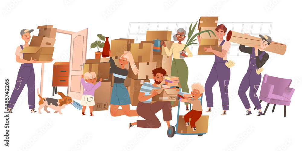 Family moving to new apartment. Family members and movers carrying cardboard boxes with household stuff cartoon vector illustration