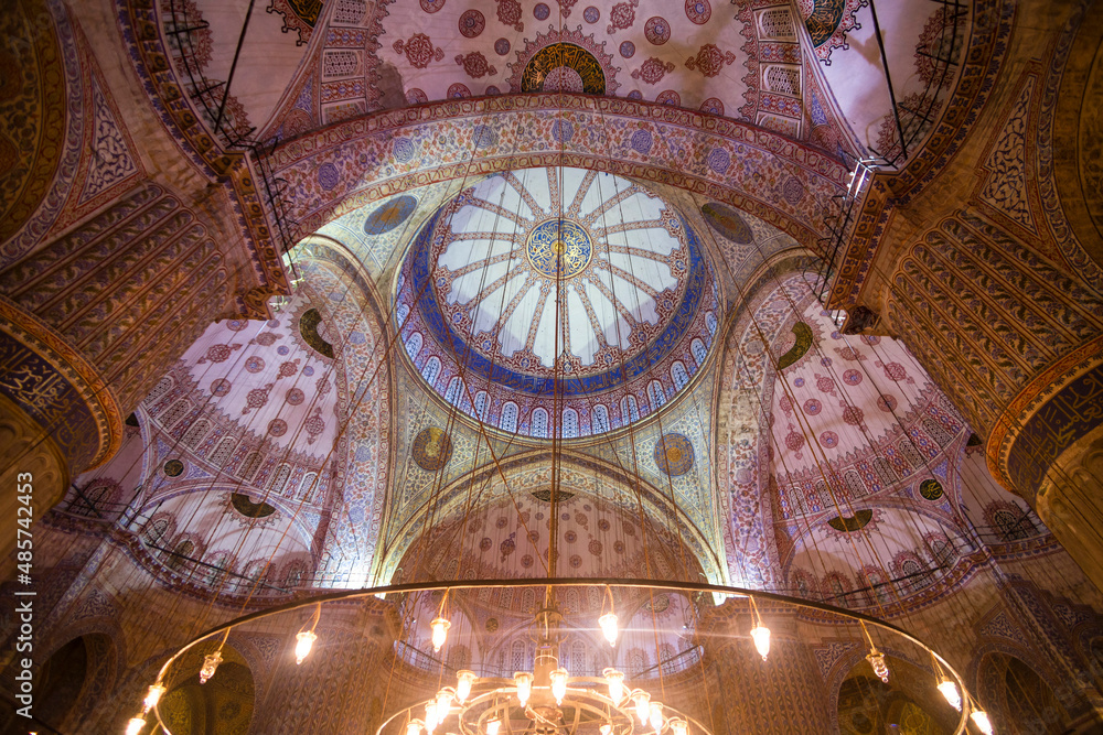 Painted ceiling inside Blue Mosque (Sultan Ahmed Mosque or Sultan Ahmet Camii), Istanbul, Turkey, Eastern Europe