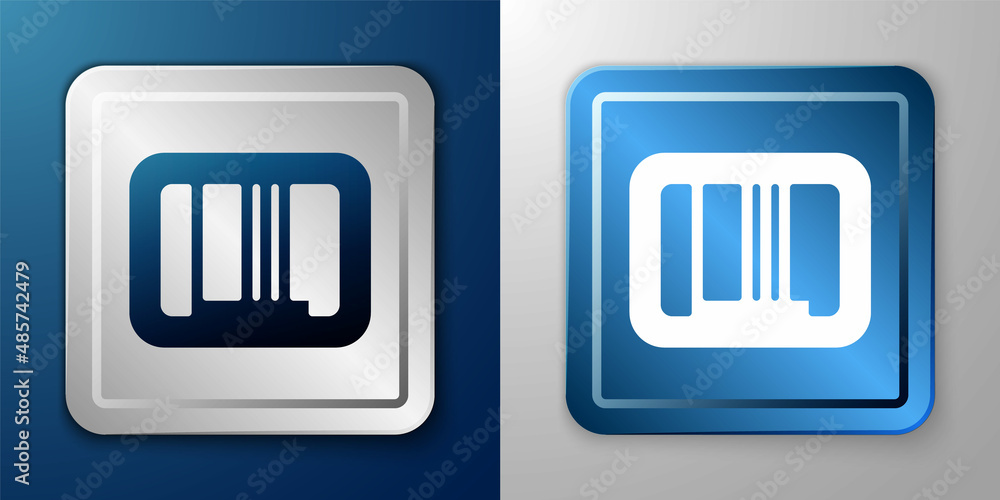 White Barcode icon isolated on blue and grey background. Silver and blue square button. Vector White Barcode icon isolated on blue and grey background. Silver and blue square button. Vector