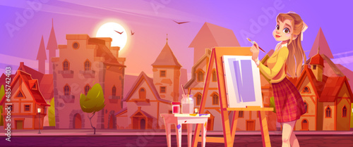 Girl painter with brush and easel on german city street at sunset. Vector cartoon illustration of town with old half-timbered houses and woman artist painting on canvas