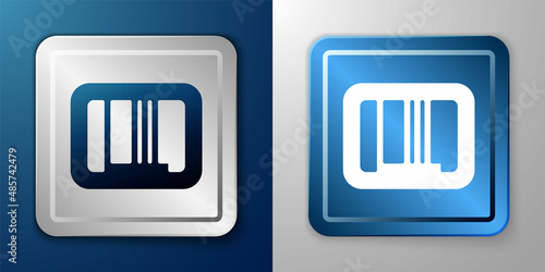 White Barcode icon isolated on blue and grey background. Silver and blue square button. Vector