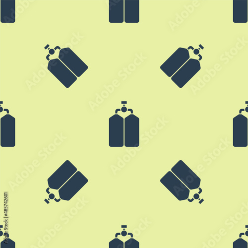 Blue Aqualung icon isolated seamless pattern on yellow background. Oxygen tank for diver. Diving equipment. Extreme sport. Diving underwater equipment. Vector