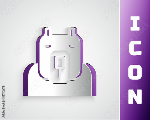 Paper cut Polar bear head icon isolated on grey background. Paper art style. Vector