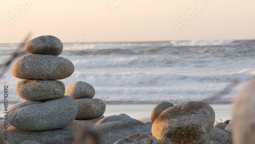 Photography Rock balancing on pebble beach, Monterey 17-mile drive, California coast, USA