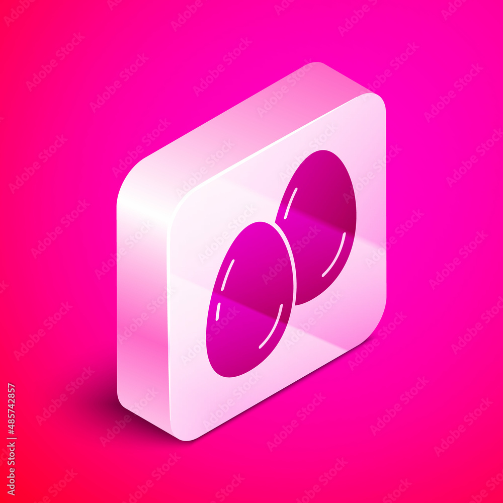 Isometric Easter eggs icon isolated on pink background. Happy Easter. Silver square button. Vector