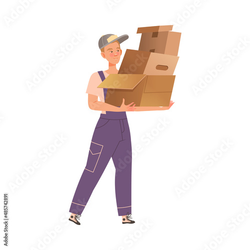 Delivery service worker in overalls carrying cardboard boxes cartoon vector illustration