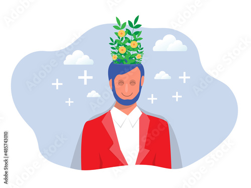 Businessman growth mindset for Brain development concept. Mental health symbol, meditation, self care, psychology. Cartoon flat vector illustration