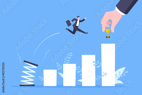 Business mentor helps to improve career with springboard vector illustration. Business person jumps above career ladder graph. Success growth, motivation opportunity, boost career concept.