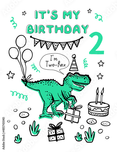 Happy birhday boy 2 years dino. Cute dinosaur doodle card and poster. Funny Dino collection. Textile design for baby boy on white background. Cartoon monster vector illustration.