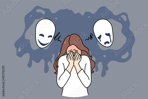 Sad woman feel depressed suffer from mental or psychological bipolar disorder. Unhappy girl struggle with schizophrenia or emotional psychiatric problems need treatment. Vector illustration. 