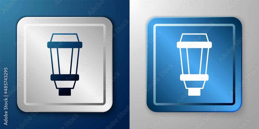 White Garden light lamp icon isolated on blue and grey background. Solar powered lamp. Lantern. Street lamp. Silver and blue square button. Vector White Garden light lamp icon isolated on blue and grey background. Solar powered lamp. Lantern. Street lamp. Silver and blue square button. Vector