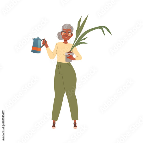 Elderly oman carrying household stuff. Apartment moving, house warming cartoon vector illustration