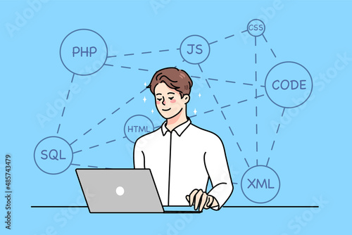Smiling young man sit at desk do web programming on computer in office. Guy programmer work on laptop, testing coding on device. Debugging and testing. Analyst or developer job. Vector illustration. 