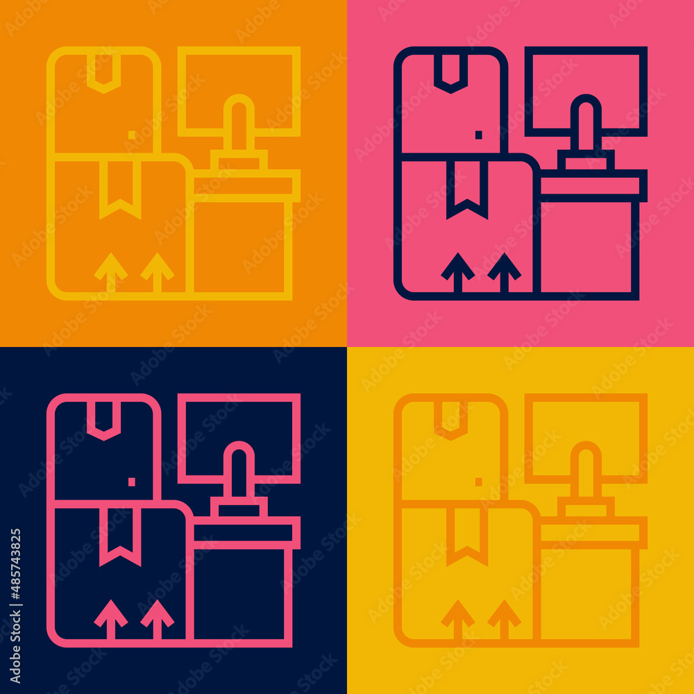 Pop art line Warehouse interior with boxes on racks icon isolated on color background. Logistics, cargo, parcel storage postal service. Vector Pop art line Warehouse interior with boxes on racks icon isolated on color background. Logistics, cargo, parcel storage postal service. Vector