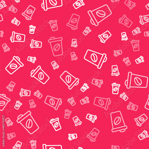 White line Coffee cup to go icon isolated seamless pattern on red background. Vector