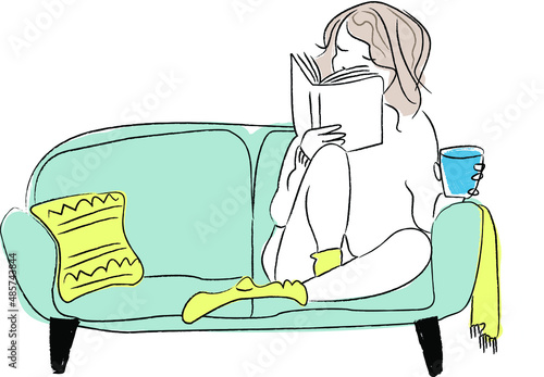 Девушка на диване читает книгу и пьет чай, кофе, сок, отдыхает, релаксирует, вектор, иллюстрация