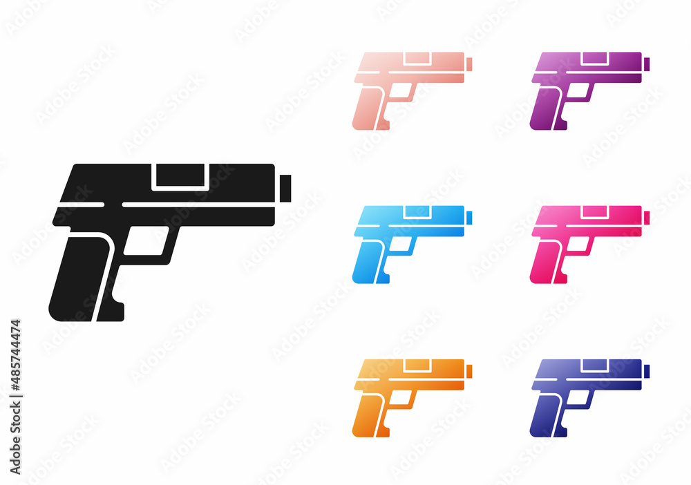 Black Pistol or gun icon isolated on white background. Police or military handgun. Small firearm. Set icons colorful. Vector