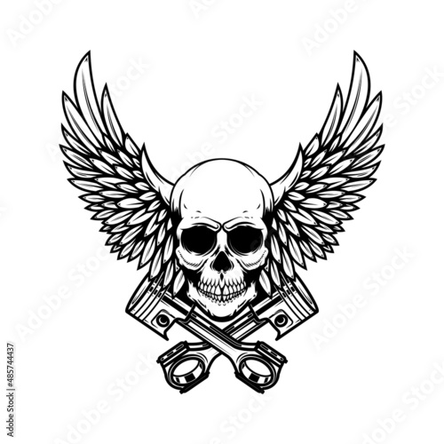 Winged skull with crossed pistons. Design element for emblem, sign, badge, logo. Vector illustration