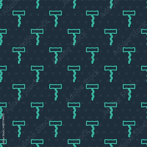 Green line Wine corkscrew icon isolated seamless pattern on blue background. Vector