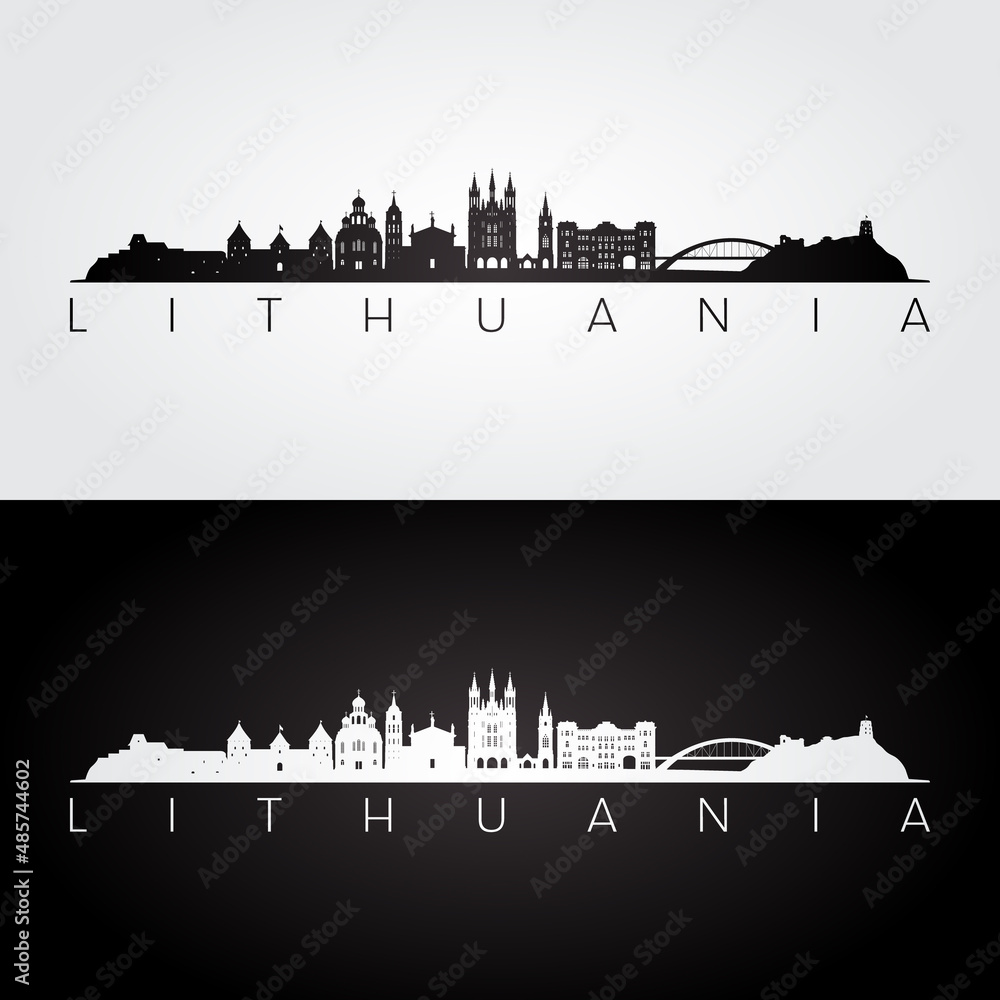 Lithuania skyline and landmarks silhouette, black and white design, vector illustration.