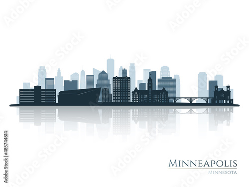 Minneapolis skyline silhouette with reflection. Landscape Minneapolis, Minnesota. Vector illustration.
