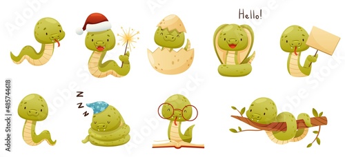 Cute baby snake characters set. Adorable reptile animal in different situations cartoon vector illustration