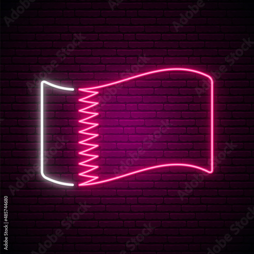 Qatar flag neon sign. Glowing waving Qatar national flag isolated on dark brick wall background. Stock vector illustration.