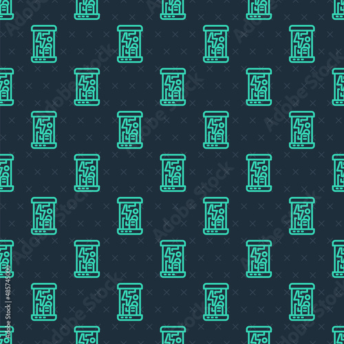 Green line Futuristic cryogenic capsules or containers icon isolated seamless pattern on blue background. Cryonic technology for humans or cryogenic chamber. Vector