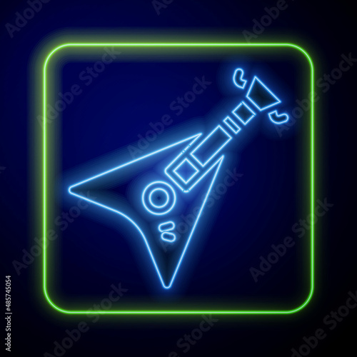 Glowing neon Electric bass guitar icon isolated on blue background. Vector