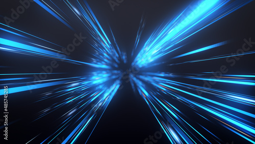 Abstract Dark Glow  Blue light rays Background. Perspective view of Blue laser light burst motion. Long exposure time warp speed Lights lines Blue background zoom in. 4K