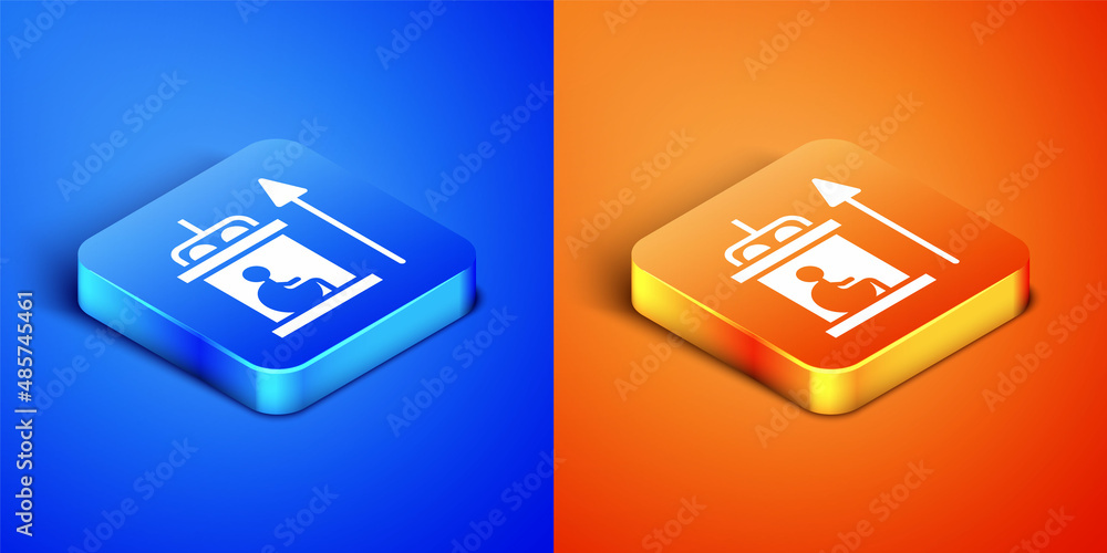 Isometric Elevator for disabled icon isolated on blue and orange background. Square button. Vector