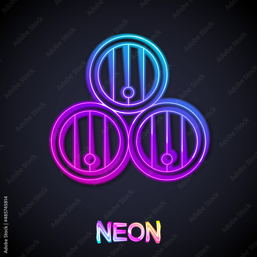 Glowing neon line Wooden barrel icon isolated on black background. Alcohol barrel, drink container, wooden keg for beer, whiskey, wine. Vector Glowing neon line Wooden barrel icon isolated on black background. Alcohol barrel, drink container, wooden keg for beer, whiskey, wine. Vector