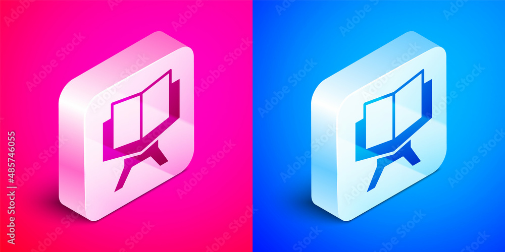 Isometric Holy book of Koran icon isolated on pink and blue background. Muslim holiday, Eid Mubarak, Eid al-fitr, Ramadan Kareem. Silver square button. Vector Isometric Holy book of Koran icon isolated on pink and blue background. Muslim holiday, Eid Mubarak, Eid al-fitr, Ramadan Kareem. Silver square button. Vector