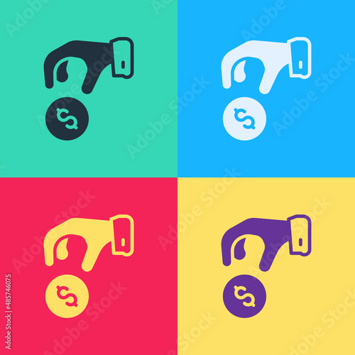 Pop art Donate or pay your zakat as muslim obligatory icon isolated on color background. Muslim charity or alms in ramadan kareem before eid al-fir. Vector
