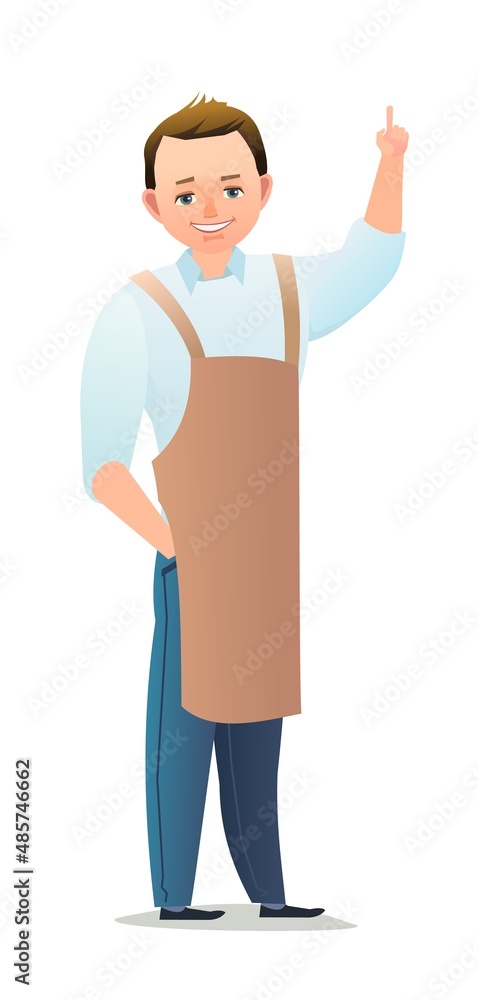 Little boy craftsman or artist. Teen in apron. Master in workwear. Cheerful person. Standing pose. Cartoon comic style flat design. Single character. Illustration isolated on white background. Vector