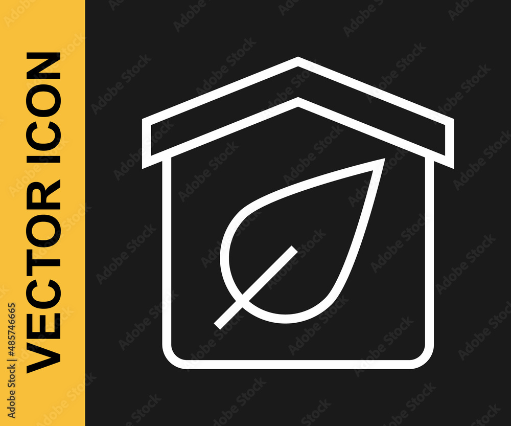 White line Eco friendly house icon isolated on black background. Eco house with leaf. Vector White line Eco friendly house icon isolated on black background. Eco house with leaf. Vector