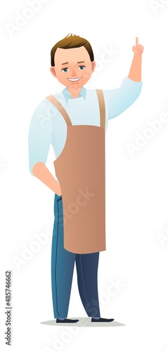Little boy craftsman or artist. Teen in apron. Master in workwear. Cheerful person. Standing pose. Cartoon comic style flat design. Single character. Illustration isolated on white background. Vector
